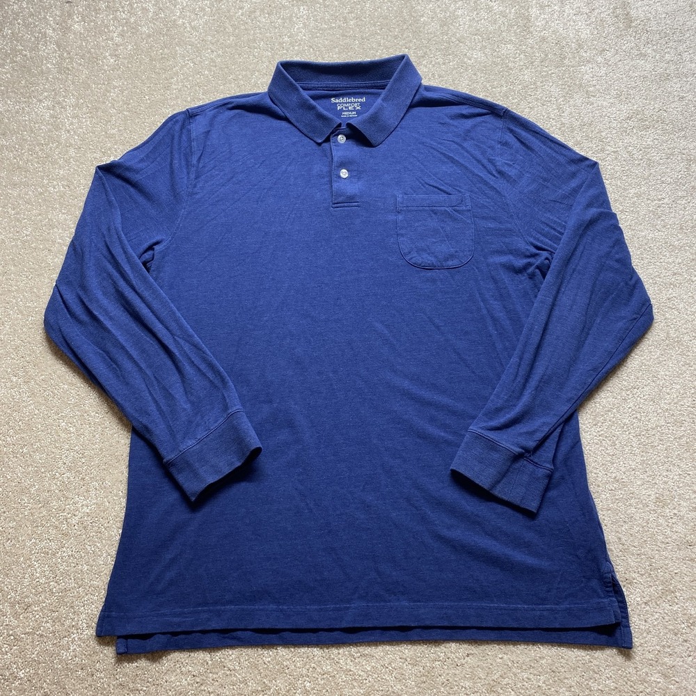 Saddlebred Polo Shirt Mens Medium Blue Long Sleeve Comfort Flex Pocket Casual
